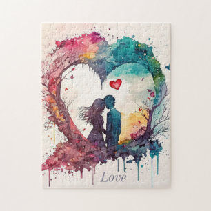 Quebra-cabeça Casal De Aquarela Em Namorados Cardíaco