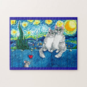 Quebra-cabeça Casal de gato bonito, rato Starry Night quebra-cab