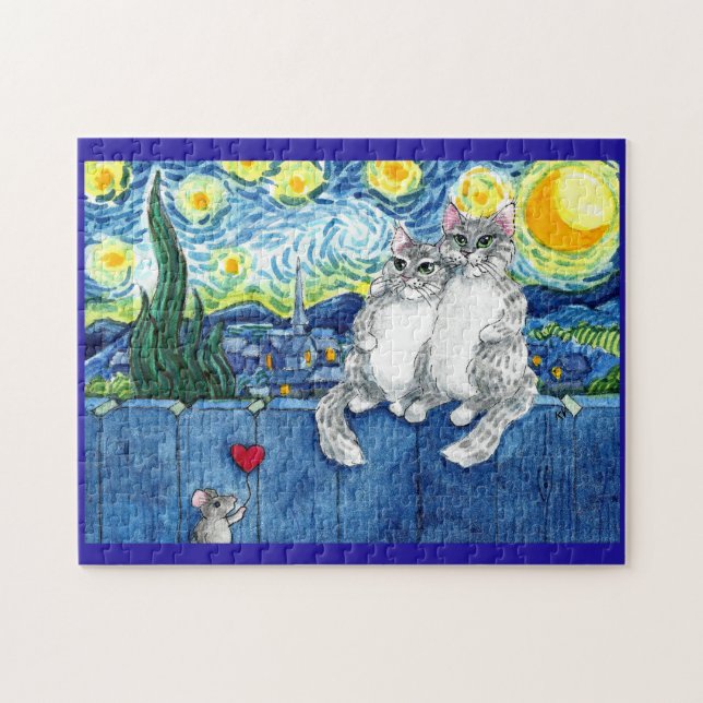 Quebra-cabeça Casal de gato bonito, rato Starry Night quebra-cab (Horizontal)