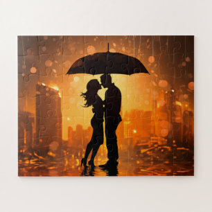 Quebra-cabeça casal no amor sombra está na chuva
