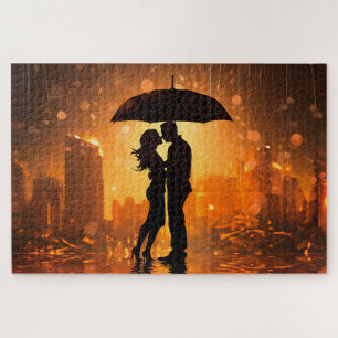 Quebra-cabeça casal no amor sombra está na chuva