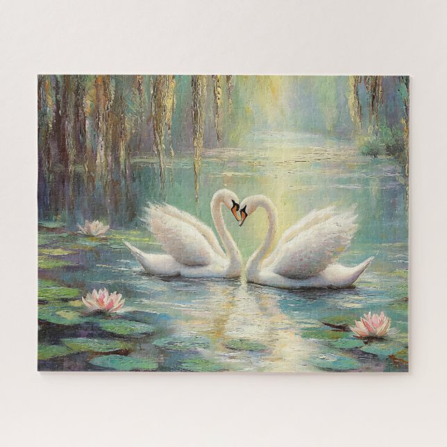 Quebra-cabeça Casal Romântico Swan em Lily Pond Fine Art (Horizontal)