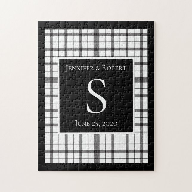 Quebra-cabeça Casamento do Monograma da Xadrez Negra e Branca (Vertical)