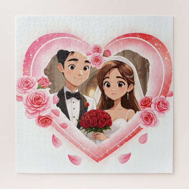 Quebra-cabeça Casamento Personalizado - Coração de Aquarela Româ (Vertical)
