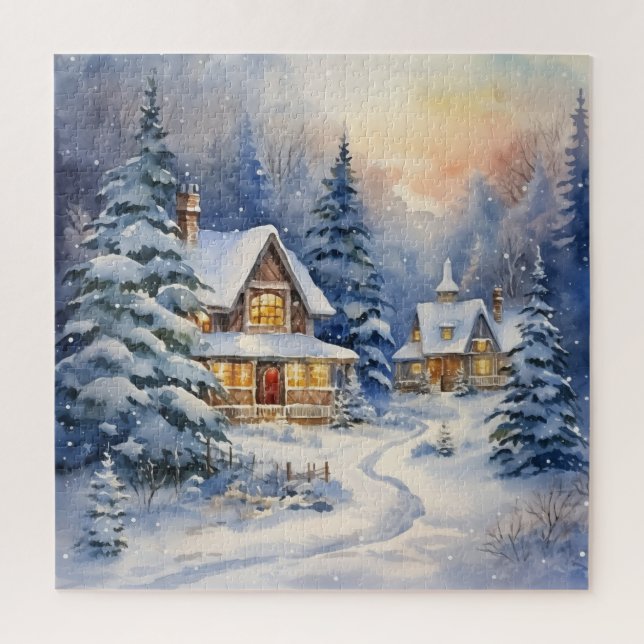 Quebra-cabeça Casas de Natal e Caminho de inverno com Neve (Vertical)