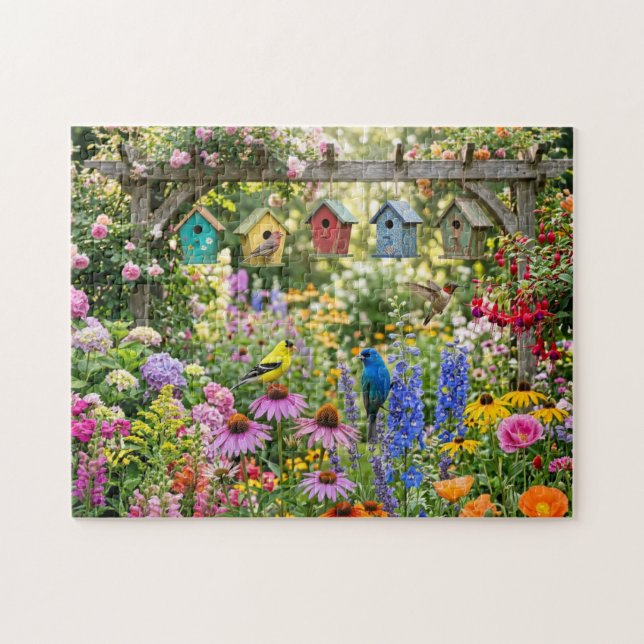 Quebra-cabeça Casas de Pássaros, Aves Vibrantes e Flores em Flor (Horizontal)