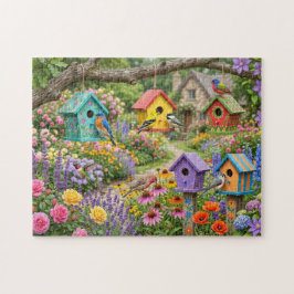Quebra-cabeça Casas de Pássaros, Aves Vibrantes e Flores em Flor
