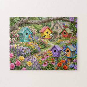 Quebra-cabeça Casas de Pássaros, Aves Vibrantes e Flores em Flor