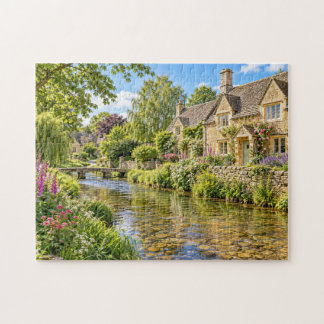 Quebra-cabeça Casas de Pedra à Beira do Rio no Cotswolds de Verã