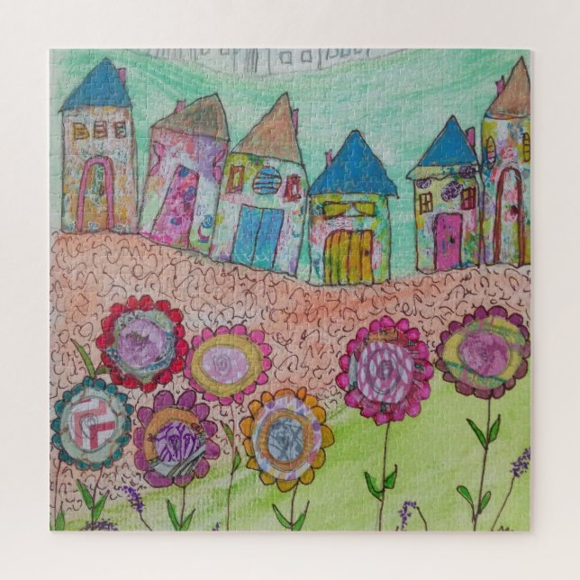 Quebra-cabeça Casas Whimsical e Flores (Vertical)