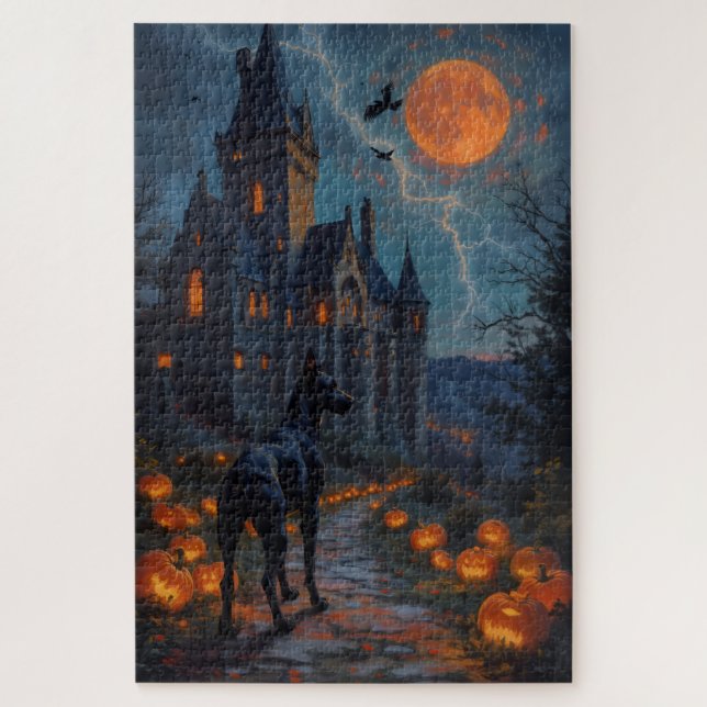 Quebra-cabeça Castelo Gótico Doberman Arte de Halloween (Vertical)