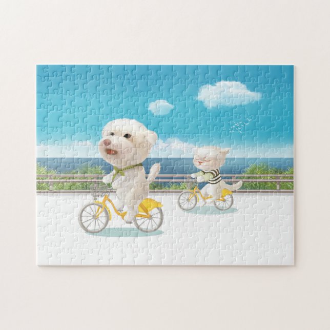 Quebra-cabeça Cat and dog riding bicycle (Horizontal)