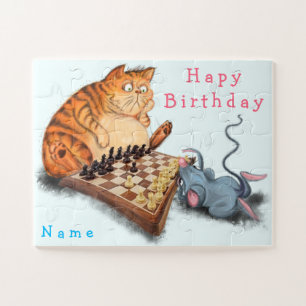 Quebra-cabeça Cat and Mouse Playing Chess - Your Name - Birthday