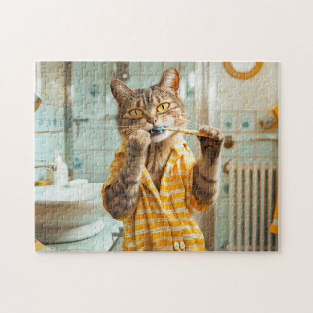 Quebra-cabeça Cat brushing teeth in striped pajamas bathroom (Horizontal)