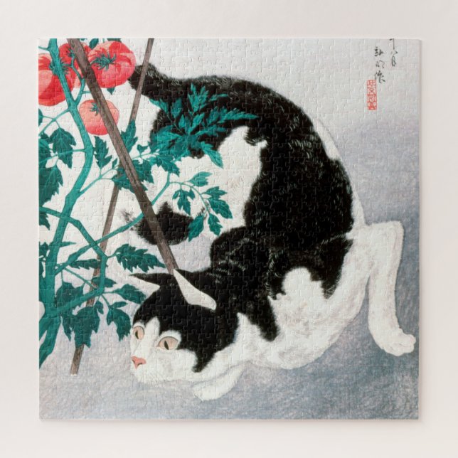 Quebra-cabeça Cat com Tomato Plant (1931) por Hiroaki Takahashi (Vertical)