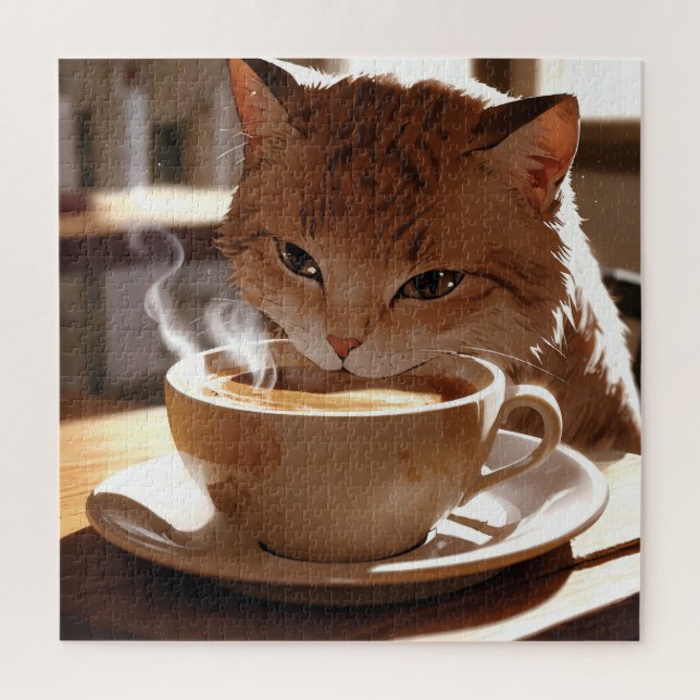 Quebra-cabeça Cat drinking coffee from a cup (Vertical)