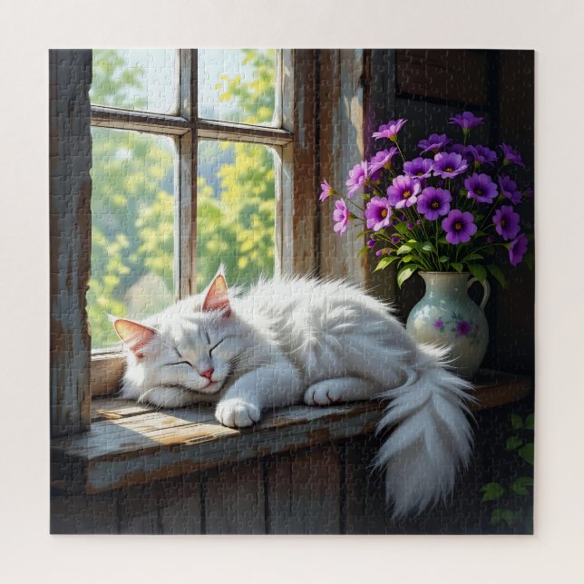 Quebra-cabeça Cat Napping on the Window Sill | Purple Flowers (Vertical)