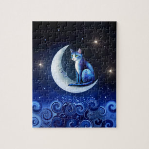 Quebra-cabeça Cat on Crescent Moon Blue Cat 773