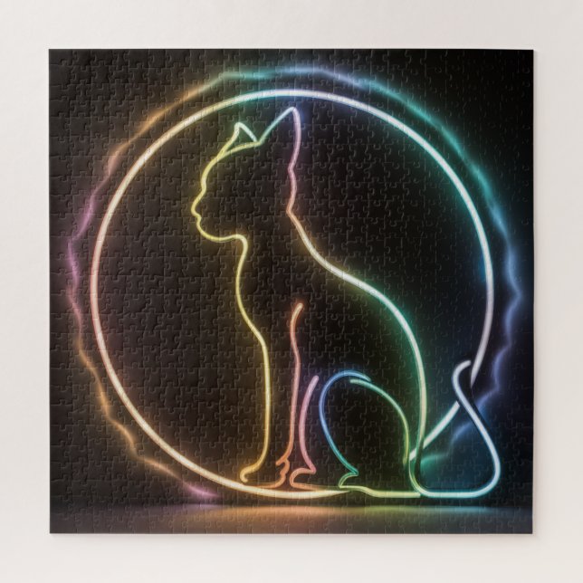 Quebra-cabeça cat silouhette neon colors black background (Vertical)