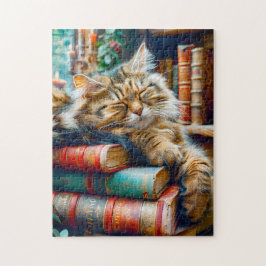 Quebra-cabeça Cat Sleeping on Pile of Books