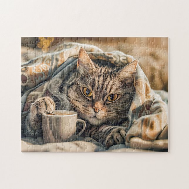 Quebra-cabeça Cat with coffee and book in cozy blanket (Horizontal)