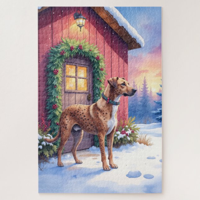 Quebra-cabeça Catahoula Leopard Dog Rustic Barn Christmas Art (Vertical)