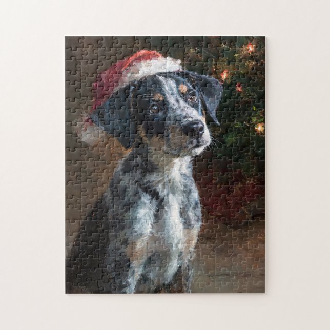 Quebra-cabeça Catahoula Leopard Hound Puppy Christmas Painting (Vertical)