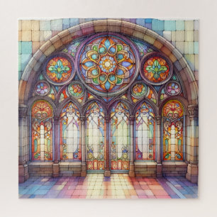 Quebra-cabeça Catedral de Arco com Aquarela, vidro amarelo-macio