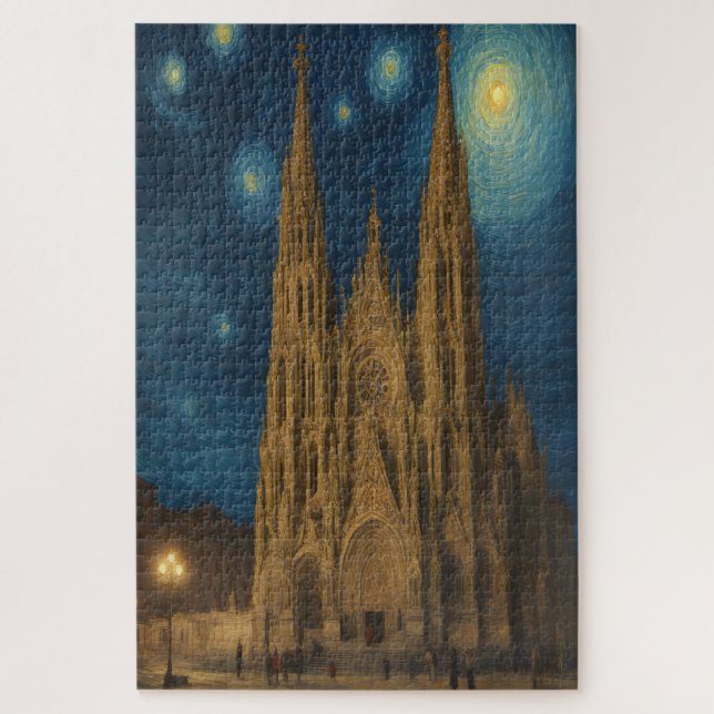 Quebra-cabeça Catedral de Barcelona à Noite estilo Van Gogh  (Vertical)