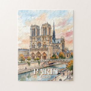 Quebra-cabeça Catedral de Notre Dame de Paris Aquarela Viagem
