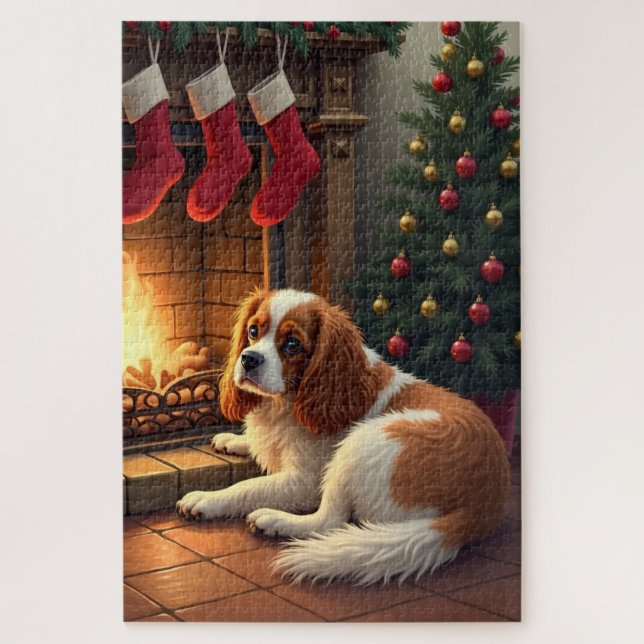 Quebra-cabeça Cavalier King Charles by the Fireplace Christmas (Vertical)