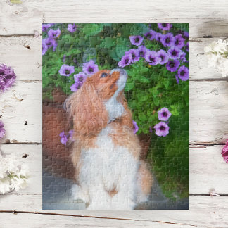Quebra-cabeça Cavalier King Charles Spaniel cheirando Petúnias