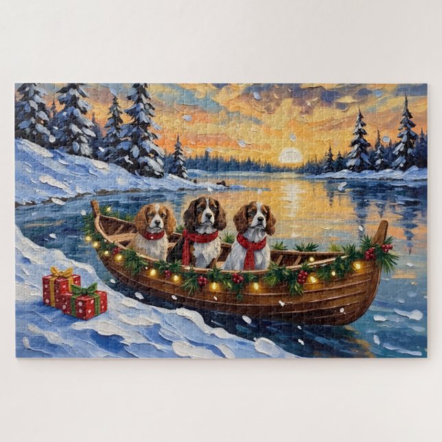 Quebra-cabeça Cavalier King Charles Spaniel Christmas Boat (Horizontal)