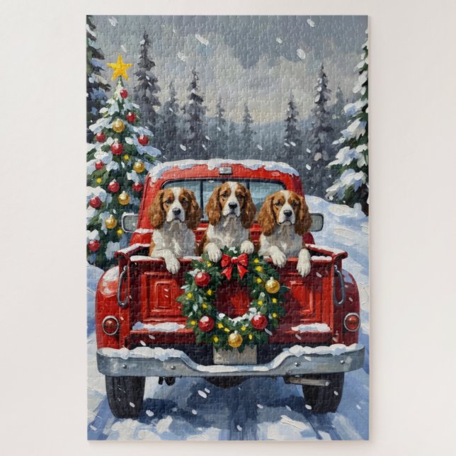 Quebra-cabeça Cavalier King Charles Spaniel Christmas Red Truck (Vertical)