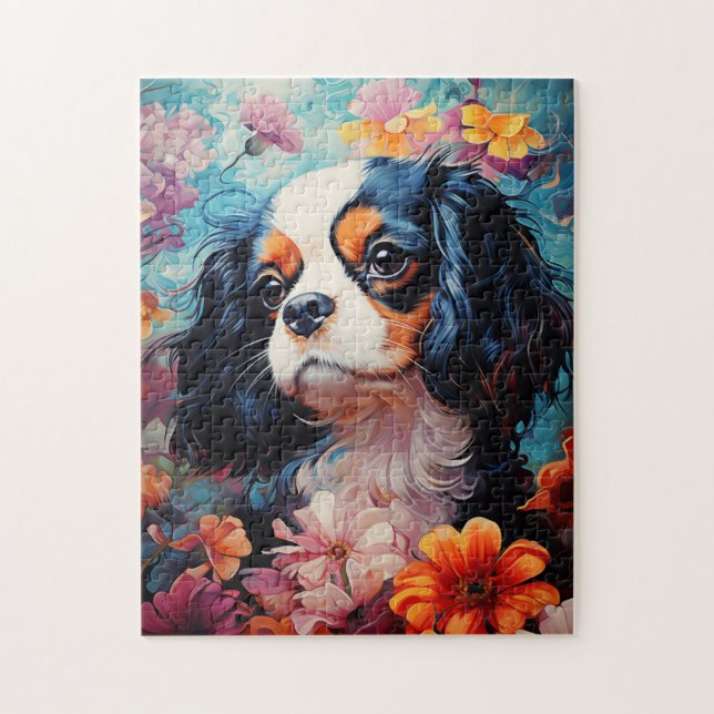 Quebra-cabeça Cavalier King Charles Spaniel em flores (Vertical)