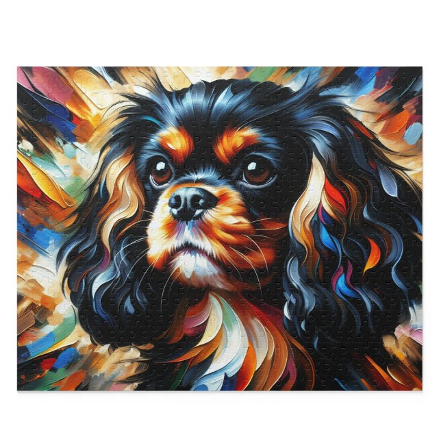 Quebra-cabeça Cavalier King Charles Spaniel Preto e Castanho Art (Black & Tan Cavalier Jigsaw Puzzle. Artistic acrylic style. Available in 30-1014 pieces.)