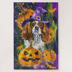 Quebra-cabeça Cavalier King Dog Halloween Witée E Pumpkin