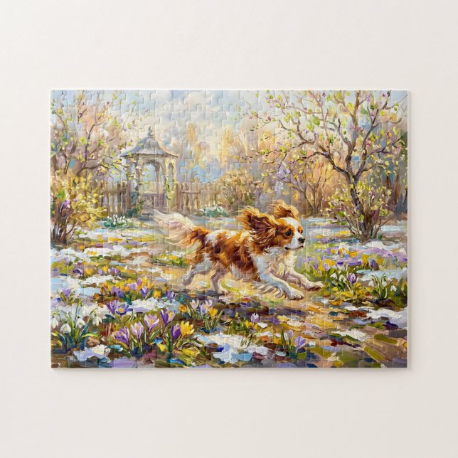 Quebra-cabeça Cavalier Spaniel no Jardim de Primavera em Flor (Horizontal)