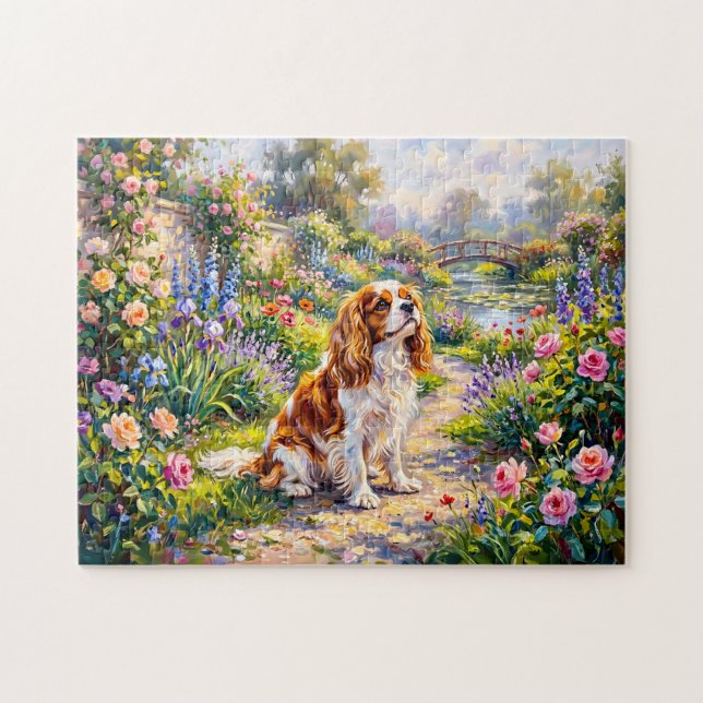 Quebra-cabeça Cavalier Spaniel no Jardim de Verão junto ao Lago (Horizontal)