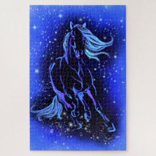 Quebra-cabeça Cavalo Azul Neon Correndo À Lua À Noite Estrelad