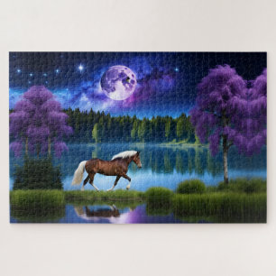 Quebra-cabeça Cavalo belga Palomino sob um céu estrelado roxo