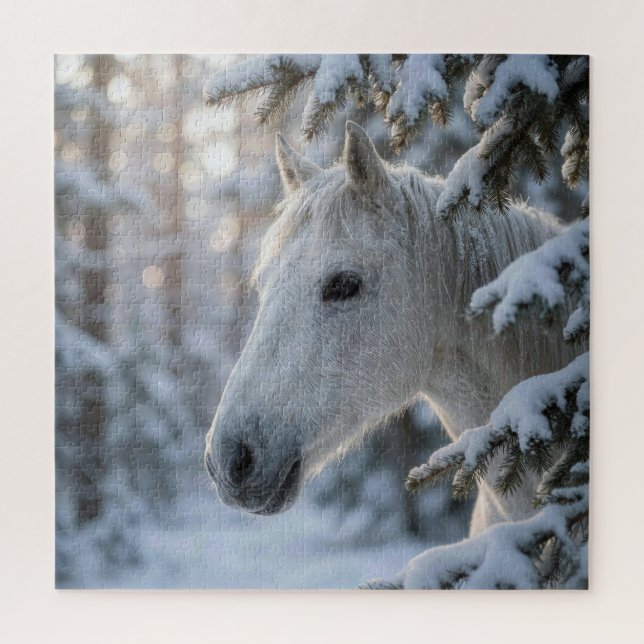 Quebra-cabeça Cavalo Branco em Pinheiro Nevado (Vertical)