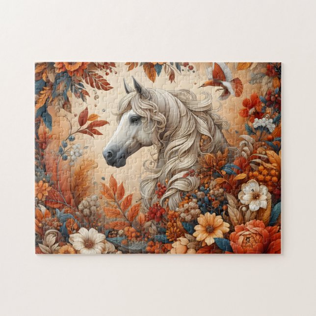 Quebra-cabeça Cavalo Branco Floral de Outono (Horizontal)