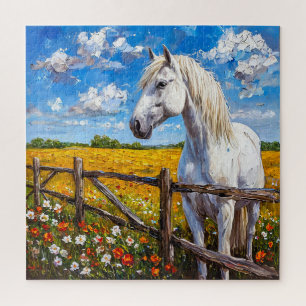 Quebra-cabeça Cavalo Branco Majestoso em Pé junto à Cerca Rústic