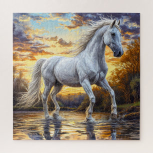Quebra-cabeça Cavalo Branco Majestoso Galopando Através da Água