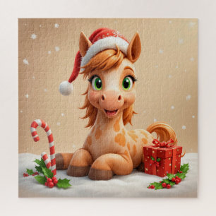 Quebra-cabeça Cavalo de desenho animado de Natal com chapéu de P