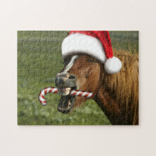 Quebra-cabeça Cavalo de Natal engraçado com o chapéu de Papai No