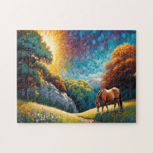 Quebra-cabeça Cavalo e Flores em um prado colorido