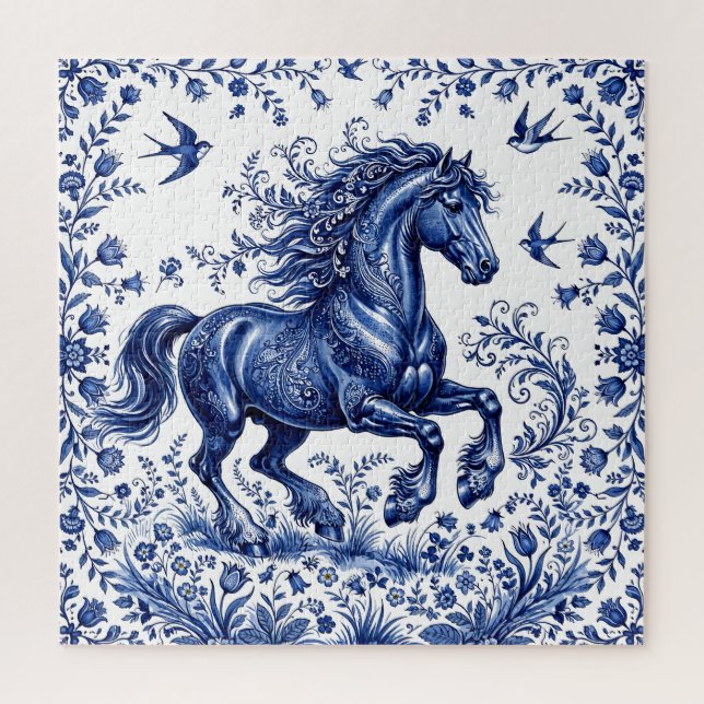 Quebra-cabeça Cavalo Frísio em Prado no Estilo Delftware de Delf (Vertical)