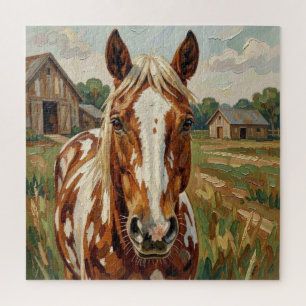 Quebra-cabeça Cavalo Marrom e Branco Bonito em uma Fazenda Rústi